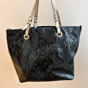 MICHAEL KORS Black MK Logo Monogrammed Patent Leather Purse Handbag Tote